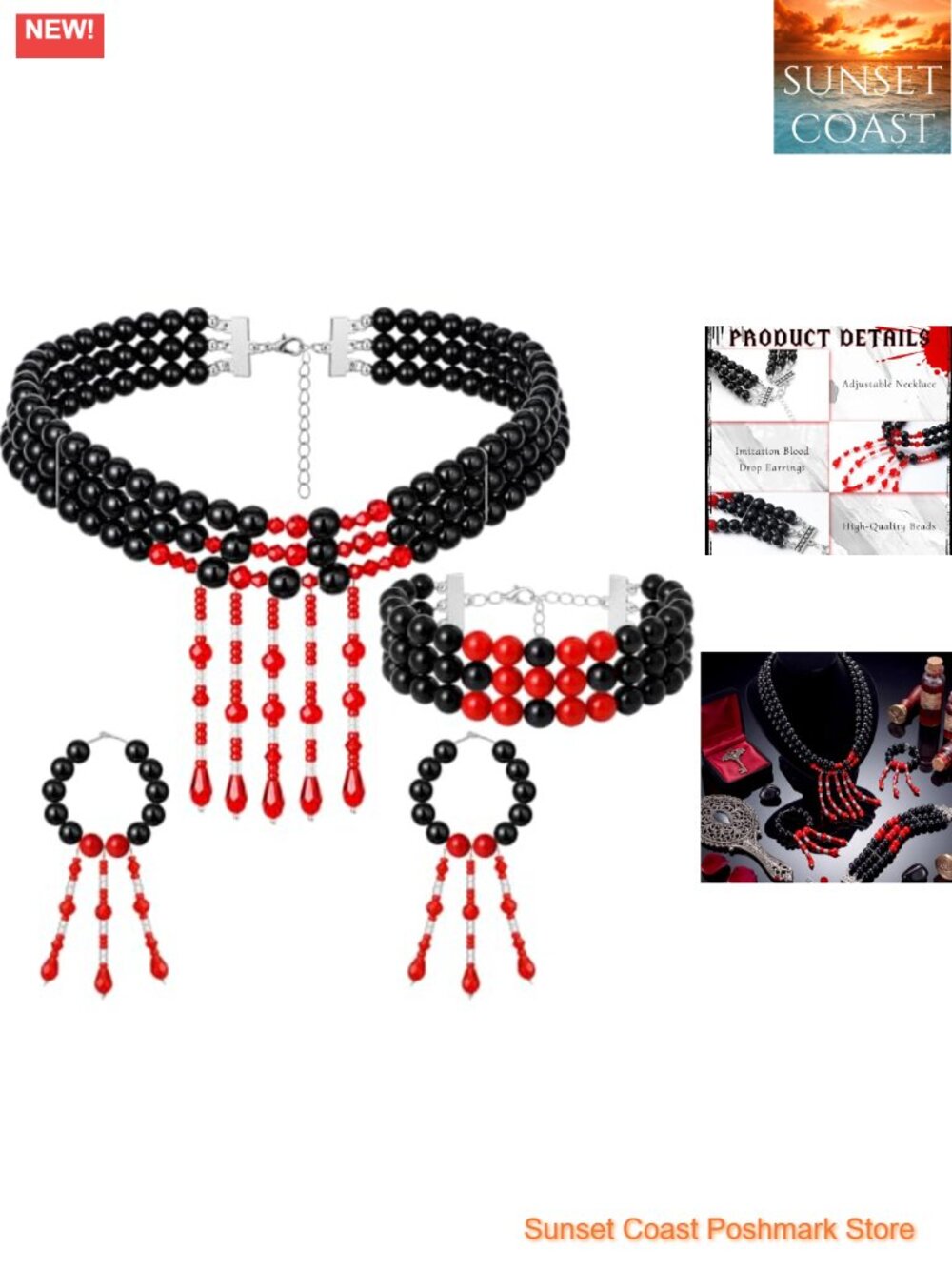 Gothic Vampire Blood Pearl Jewelry Set Necklace Bracelet Earrings Costume